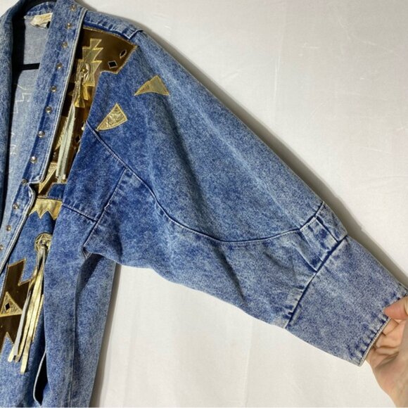 Vintage 90s Marshall Rousso Acid Wash Denim Jacket W Gold Western Accents S - Picture 3 of 16